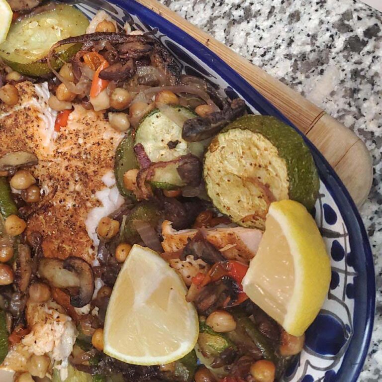 Roasted Salmon with Chickpeas, Zucchini, and Red Pepper | Beyond Delicious